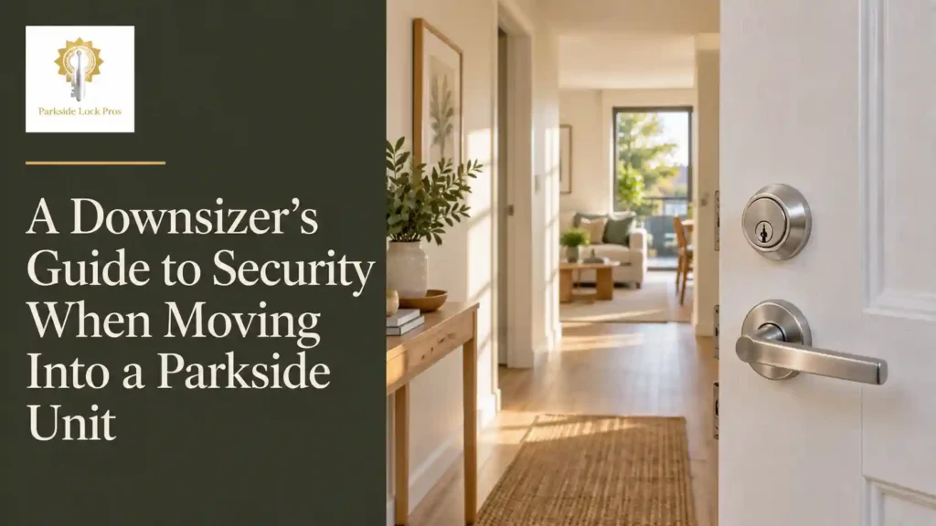 Brushed nickel deadbolt on a modern Parkside unit door, opening onto a bright, tidy interior