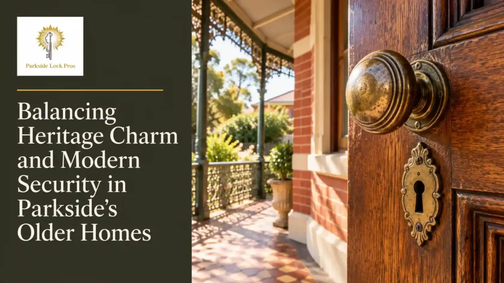 Original brass keyhole plate and knob on a Parkside Federation door, with verandah lacework behind