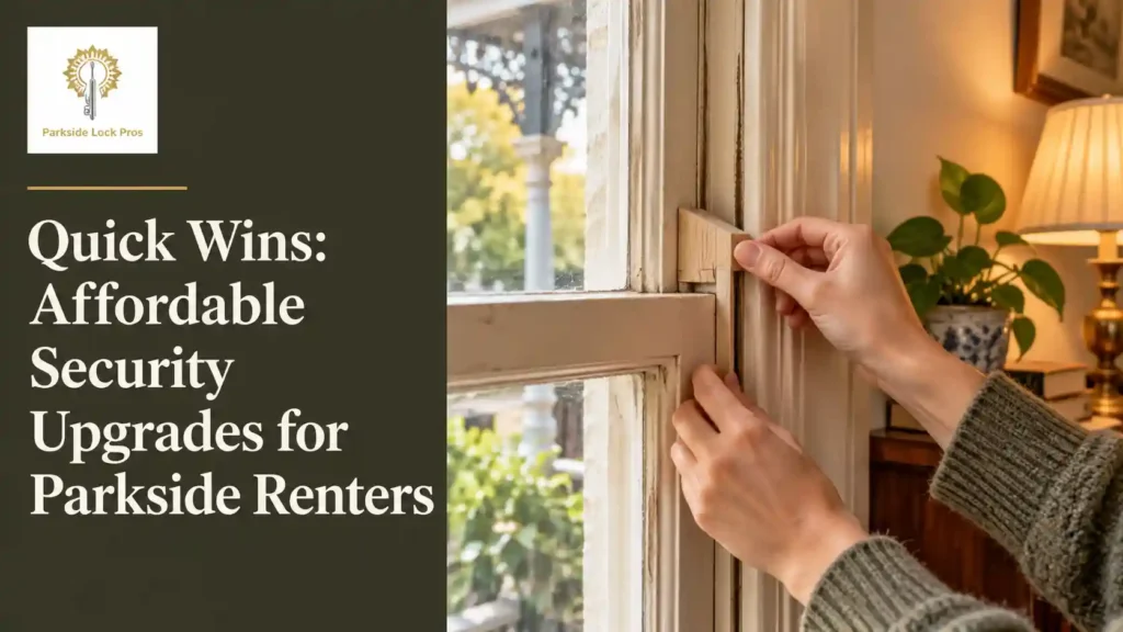Renter fitting a security wedge to a timber sash window in a Parkside terrace