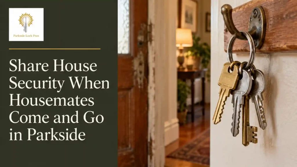Four house keys hanging on a wall hook inside a Parkside character terrace